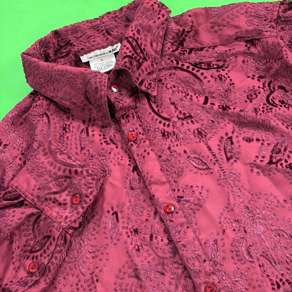 VTG 90s International Male Burgundy Burnout Paisley Button Shirt Mens XL LS AOP